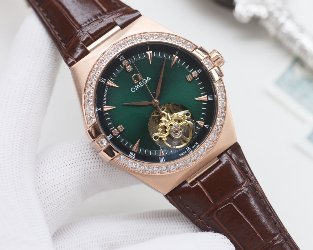OMEGA Rose Gold Brown Green Dial Strap Watch — hero