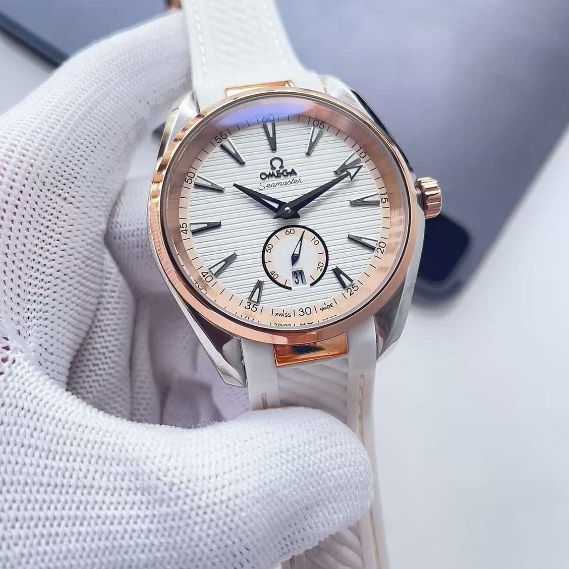 Omega White Strap Rose Gold-Tone Watch — hero